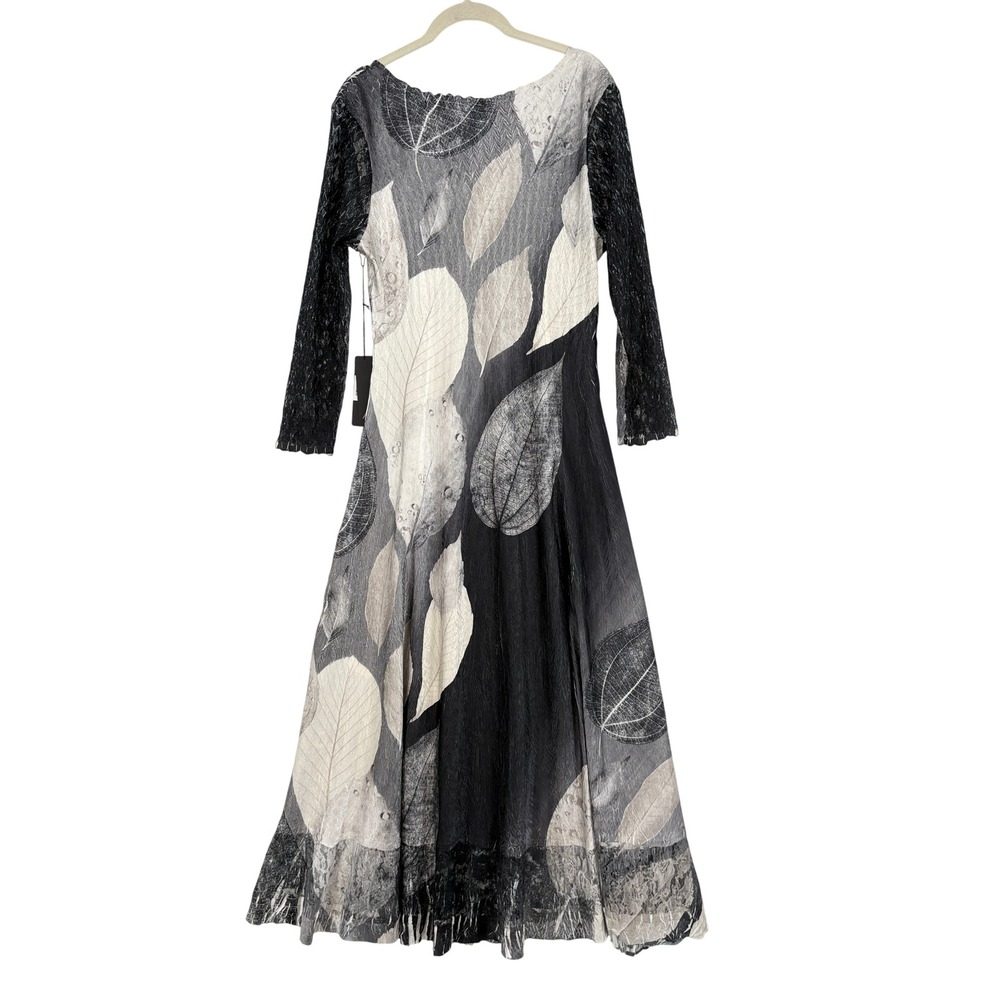 Komarov Women XL Dress Black White Leaf Print Lace Sleeve Handmade USA NEW - Picture 2 of 14